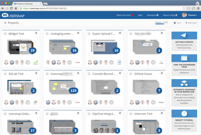 usersnap bug tracking dashboard