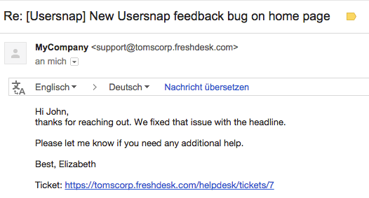 customer support emails from freshdesk and usersnap