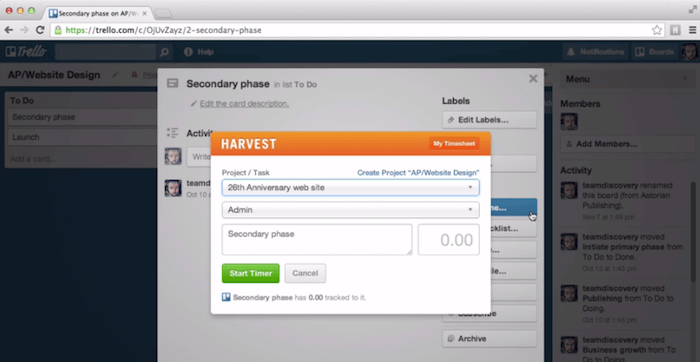 harvest trello integration