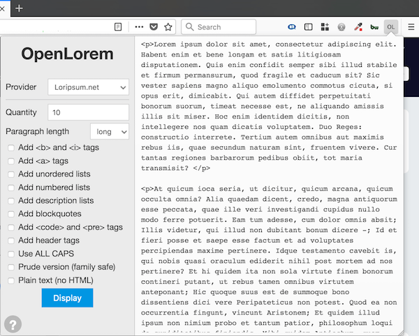 screenshot of open lorem firefox addon