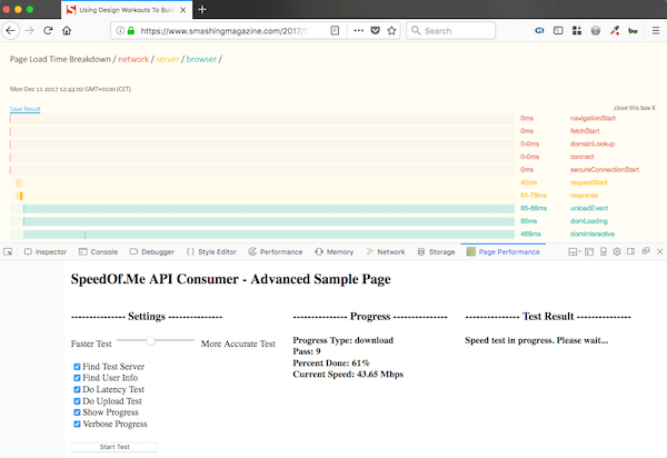 screenshot of page speed performance test