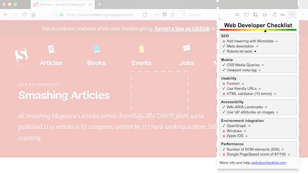 Screenshot of web developer checklist firefox addon