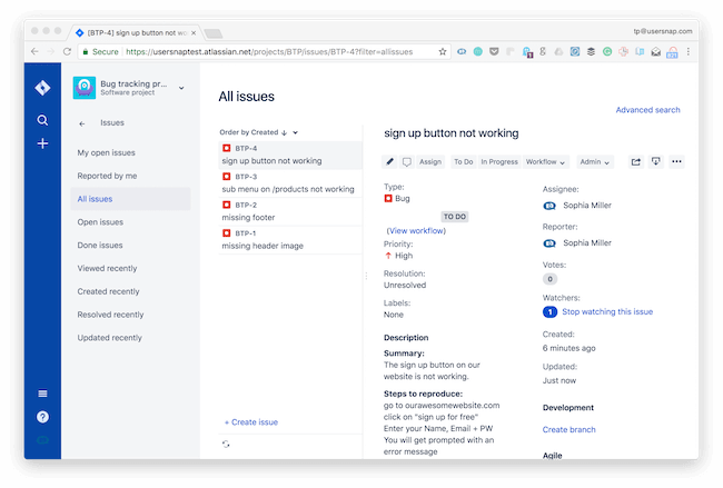 JIRA bug tracking template