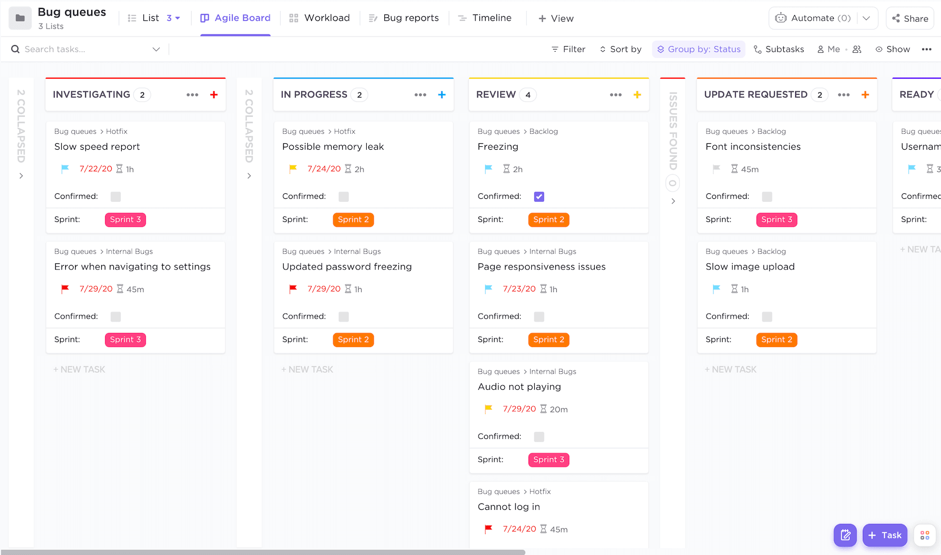 Kansan view of ClickUp's dashboard inside the product