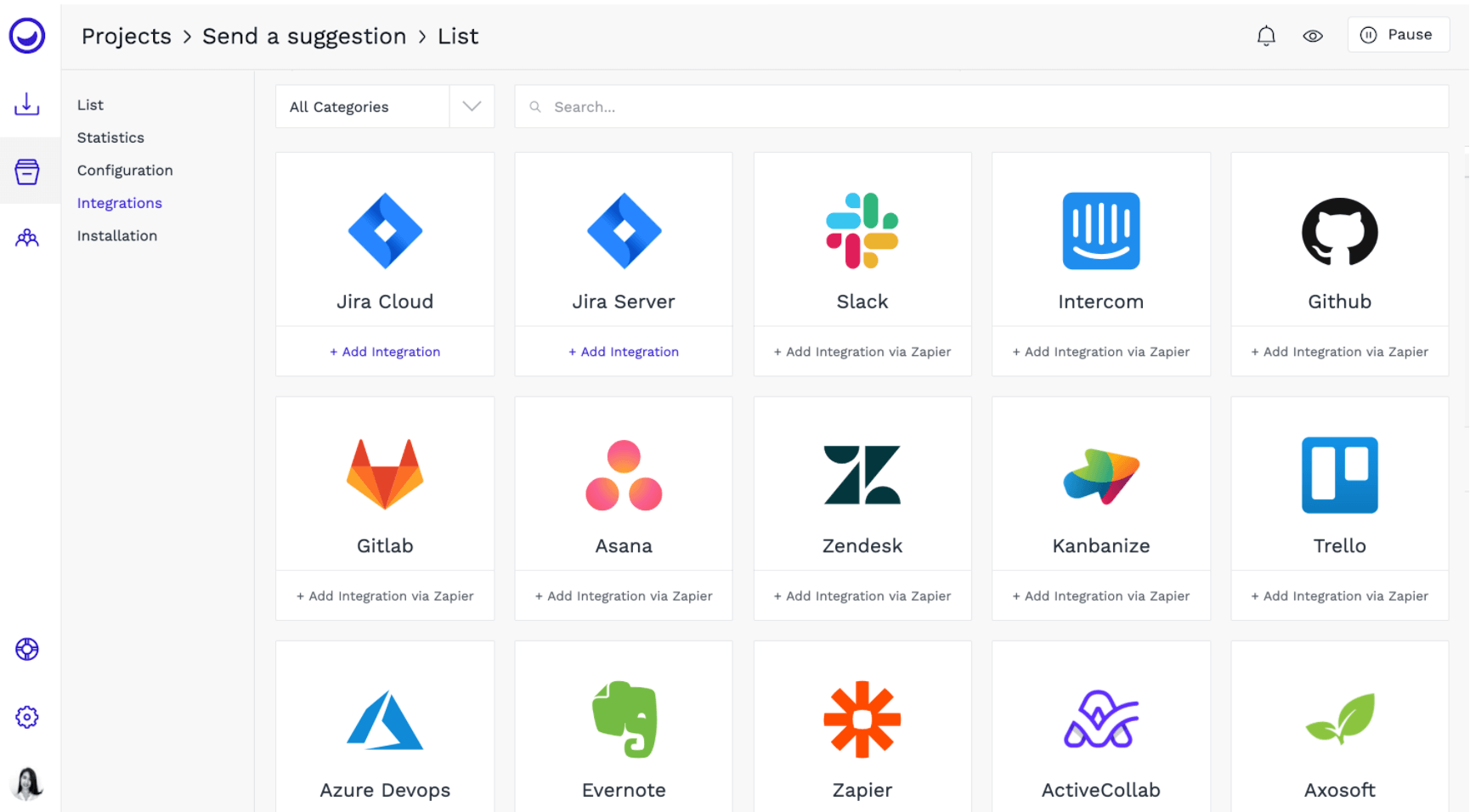 Usersnap Integrations page