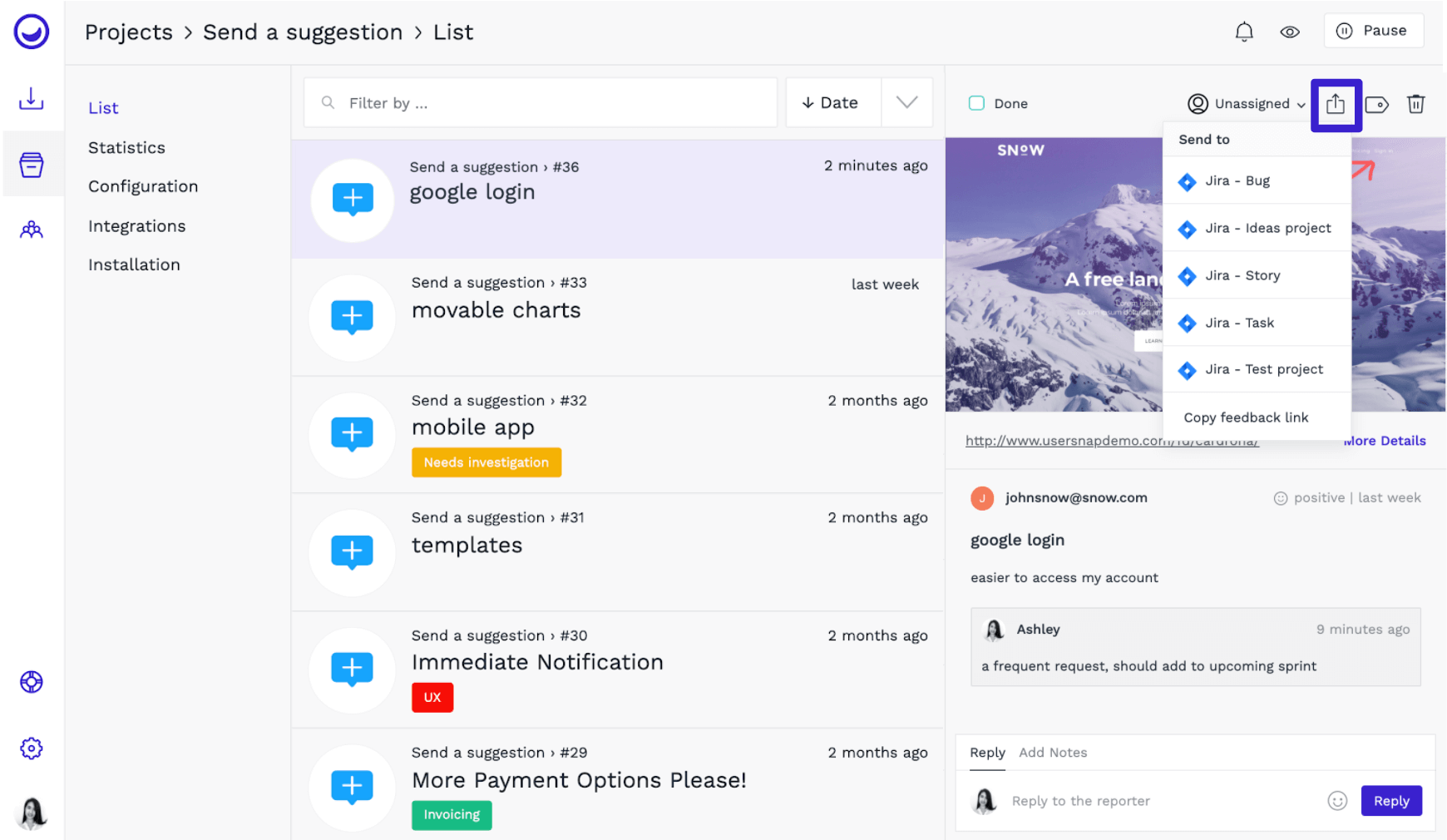 Triaging issues from Usersnap to Jira