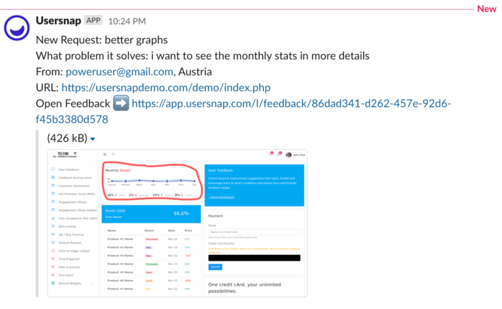 slack message about customer feedback for team