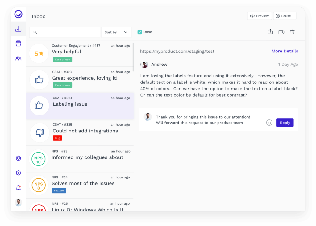 dashboard showing conversations and user feedback