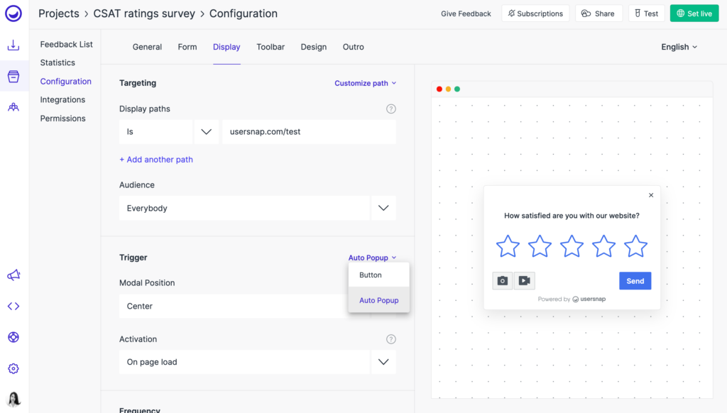 Display rules configuration on Usersnap dashboard