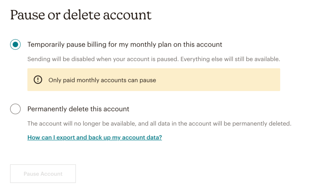 Mailchimp pause account churn survey option