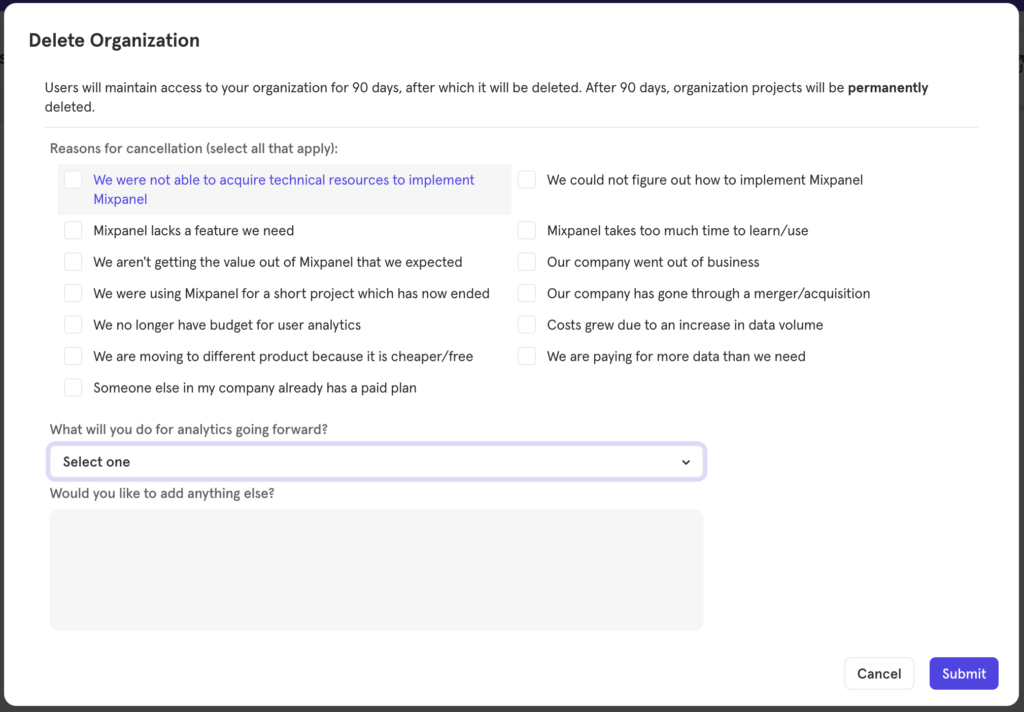 Mixpanel long-form exit survey example