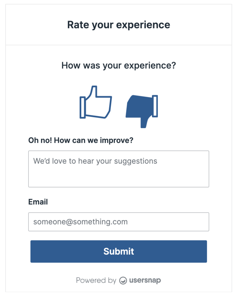 Customer thumbs engagement rater with skip logic functionality