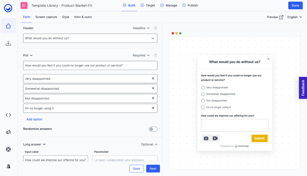 Usersnap dashboard highlighting how it is different than Typeform alternatives